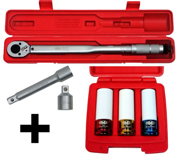 Drehmomentschlüssel mit Schoneinsätzen, Adapter und Verlängerung.